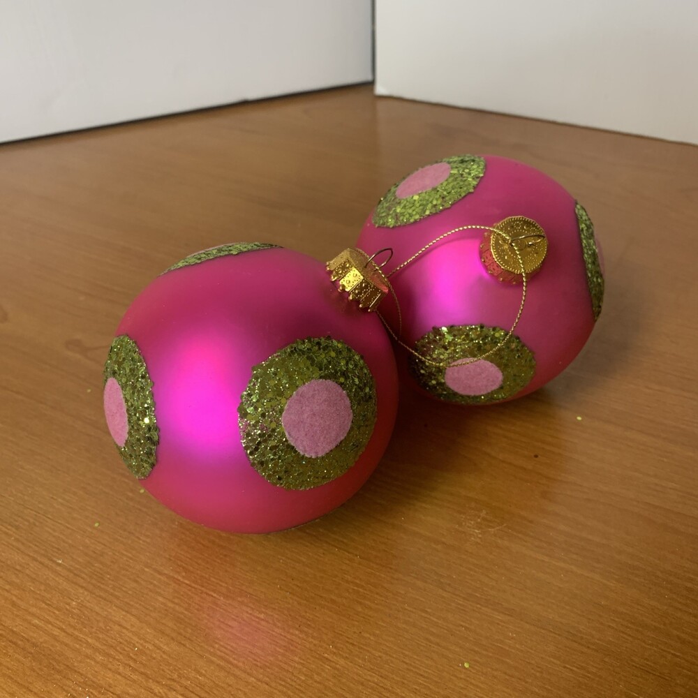 Lot Of 2 Raz Pink/Green 4”‎ Glass Christmas Balls
